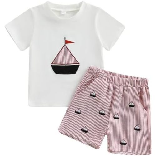 Gueuusu Toddler Baby Boy Summer Outfit Sailboat Embroidery Short Sleeve T Shirt Striped Shorts Set Infant Beach Clothes