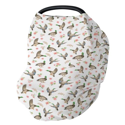 Mallard Ducks Boho Floral Car Seat Cover for Babies Green Duck Spring Stretchy 5-in-1 Cover Adjustable Car Canopy Breastfeeding Cover Wild Duck Hunting Breathable Nursing Cover-Up