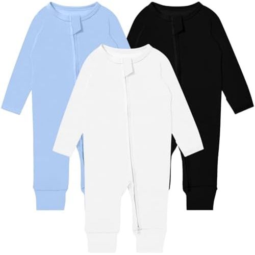 GUISBY Long Sleeve Cotton Pajamas Footless Baby Bodysuits with Zipper and Mittens 3-Pack for Boys Girls