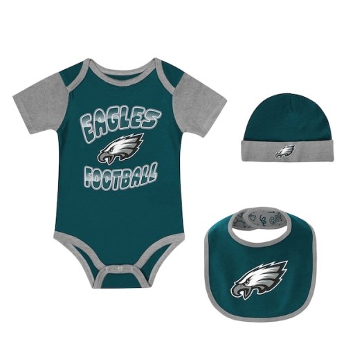 Newborn Outerstuff Philadelphia Eagles Tag Team Bodysuit, Bib & Cuffed Knit Hat Set