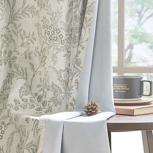 Lazzzy Linen Farmhouse Lined Curtains Green Floral 84 Inch Length Back Tab Drapes for Living Room Bedroom Flower Patterned Country Vintage 2 Panels Set Rod Pocket Green on Beige