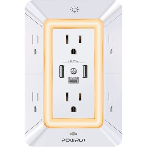 Multi Plug Wall Outlet Night Light, POWRUI 6 Outlet Extender & 3 USB Ports