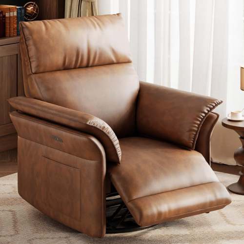Garvee Power Swivel Glider Recliner with USB Port, 270° Swivel & Double-Layer Armrests, Rocking, PU Leather Power Recliner Chair for Living Room, Nursery, Brown