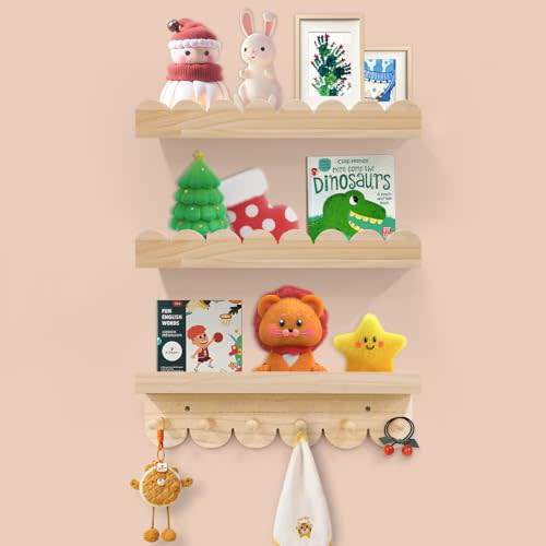 Varbonia Floating Nursery Book Shelves for Wall, 16'' Wood Book Shelf for Baby Boys Girls Bedroom Bathroom and Décor Storage, Wall Shelf for Books, Plants, Toys, Photo Frames (Wooden, 3 Pack)