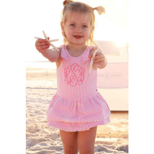 Tiered Skirt with White Pom Trim | Seersucker Dusty Pink