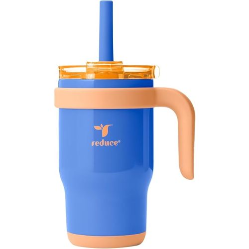 REDUCE 14 Oz Coldee Kids Tumbler with Lid and Straw - Coldee Insulated Travel Mug - Spill-Proof, Sweatproof Stainless Steel, BPA-Free - Includes Handle, Reusable Silicone Straw - Touchdown Blue