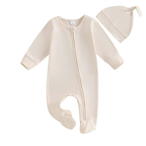 Lenpel Newborn Baby Girl Boy Clothes Unisex Long Sleeve Zipper Footed Romper with Warm Hat 2 PCs Clothing Set