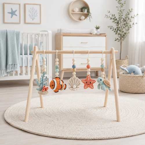 Crochet Ocean Baby Gym, Handmade Sea Animals, Natural Wood Play Arch, Nursery Decor