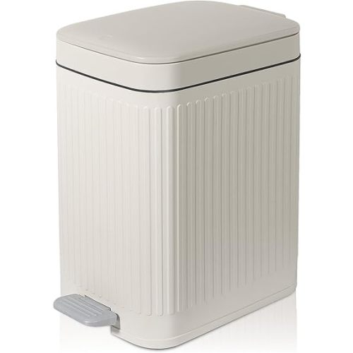 Small Bathroom Trash Can with Lid Slim Soft Close Garbage Can Step Wastebasket Container Trash Bin for Office Bedroom Kitchen Living Room (1.9 Gallon Cream)