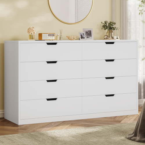 White Dresser with 8 Drawers for Bedroom, Modern Wood Chest of Drawers, 8 Drawer Dresser with Large Capacity for Living Room, Closet, Hallway, Entryway