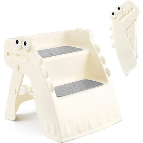 Onasti Toddler Step Stool Foldable Kids Step Stool,Bathroom Stool for Toddlers Non-Slip Toddler Step Stool for Bathroom Sink and Kitchen Counter with Cute Dinosaur Design(White)