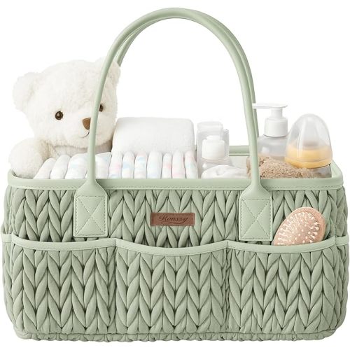 Konssy Braided Quilted Diaper Caddy Organizer, Boho Nursery Storage Basket with PU Leather Handles, Water-Repellent Portable Diaper Basket for Changing Table, Newborn Essentials (Fog Green)