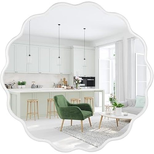 White Round Wavy Mirror for Wall 22 inch Nursery Mirror Decorative Metal Circle Mirrors Scalloped White Hanging Mirror for Bathroom,Bedroom, Dresser, Living Room,Entryway