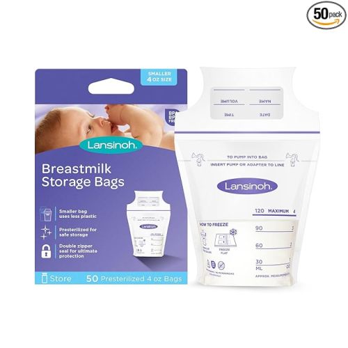 Lansinoh Breastmilk Storage Bags, 50 Count, Baby Essentials, Fast Freeze & Thaw Breast Milk Bags for Baby Bottle Feeding, Strength & Stretch, 4 Ounce