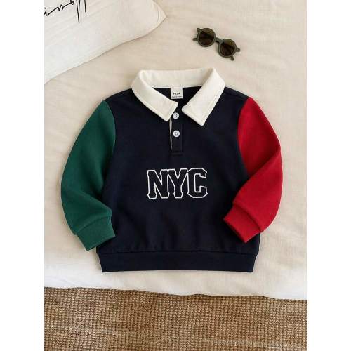 SHEIN Baby Boy Girl Toddler Long Sleeve Polo Shirt,Navy Blue Contrast Color Block,Casual Chic Back-To-School Wear,Autumn Carrer Day Outfit,Christmas Party | SHEIN USA