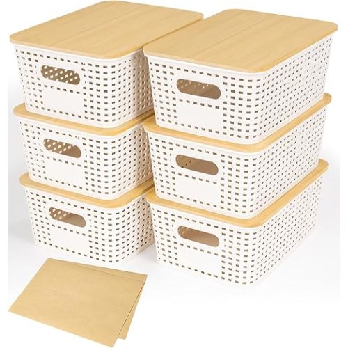 6 Pack Plastic Storage Baskets With Bamboo Lid, Stackable Storage Baskets for Organizing Desktop Closet Shelves Drawers Pantry Organization Office Playroom Classroom