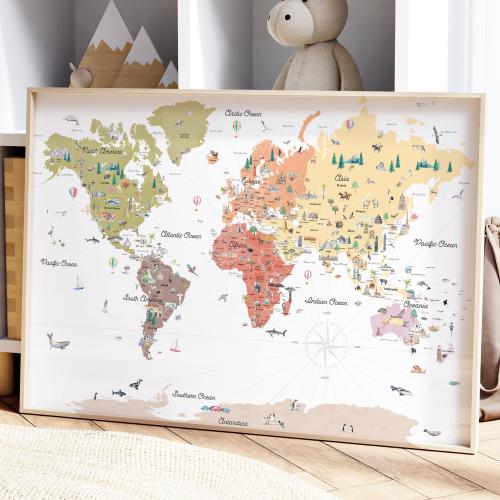 Educational World Map Print with Countries, Borders, and Landmarks | Warm Earth Tones | Kids Nursery Decor