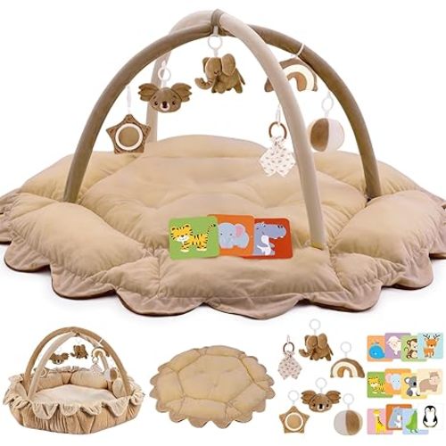 5-in-1 Plush Baby Play Gym, Activity Mat with Convertible Gym, Baby Gym 6 Sensory Toys, Play Center for Newborn to Toddler, Brown
