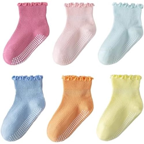 6 Pairs Toddler Ruffle Socks for Girls Baby Grip Socks Non Slip Socks Cute Grippy Frilly
