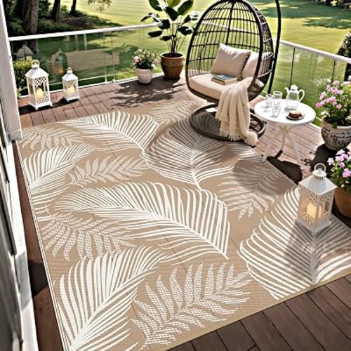 Pauwer Waterproof Outdoor Rug 5x8, Plastic Straw Patio Rug, Leaf Brown