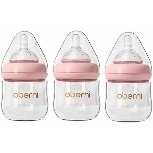 Oberni Glass Baby Bottles,Anti Colic Breastfeeding Bottle with Natural Response Nipple Size S,Wide Neck Slow Flow Baby Bottle for Baby,Newborn,Preemie 0-3 0-6 Month,BPA Free (Pink, 4 Ounce,3 Pack)