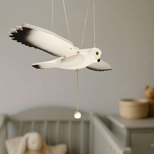 Hand-Painted Snowy Owl Mobile – Wooden Bird Decor with Flapping Wings – 24" Wingspan – Eco Paints, Kinetic Art, Natural Finish