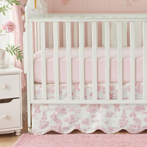 Brandream Scallop Edge Cotton Crib Skirt, Baby Girl, French Country Pink Toile Crib Skirt Toddler Bedskirt Farmhouse Chic Nursery Crib Bed Skirt, Boho Bohemian Vintage Floral Print