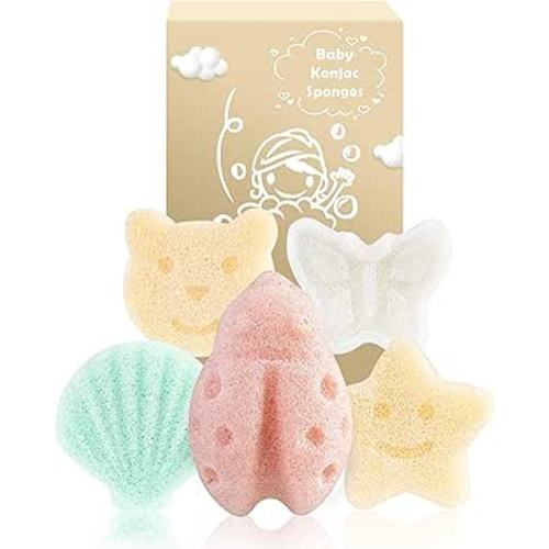MoHern Konjac Baby Sponge for Bathing, 5Pcs Natural Cute Shapes, Kids Bath sponges for Infants, Toddler Bath time, Plant-Based, Extra Soft