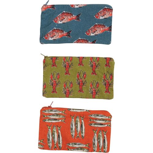 Creative Co-Op Cotton Zip Food Pouch with Sea Life Illustrations, Set of 3 Styles, Multicolor