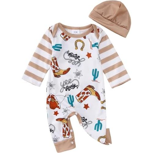 BOUTIKOME Infant Baby Boy Outfit Retro Cowboy Partner Howdy Graphic Rompers Newborn Onesie Jumpsuit Hat 2Pcs Set