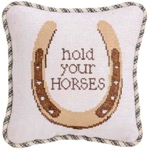 Mud Pie Beige Hold Your Horses Horseshoe Western Needlepoint Small Pillow