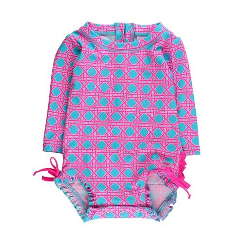 RuffleButts Baby Girls Novelty Baby One Piece - Rash Guard Swimsuit UPF 50+ | Premium Quality, 4-way Stretch, Snap + Zipper Closure, Long Sleeves, Hand Wash, UPF 50+ Sun Protection