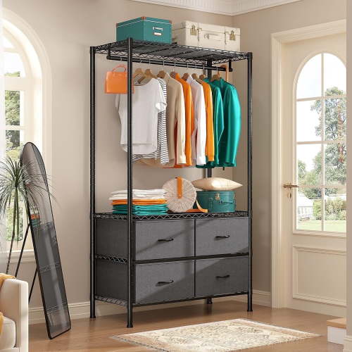 71"H Heavy Duty Clothes Rack, Max Load 445 LBS, Freestanding 3-Tier Wire Garment Rack for Hanging Clothes with Shelves, Closet Organizers and Storage Metal Closet Wardrobe System, Black