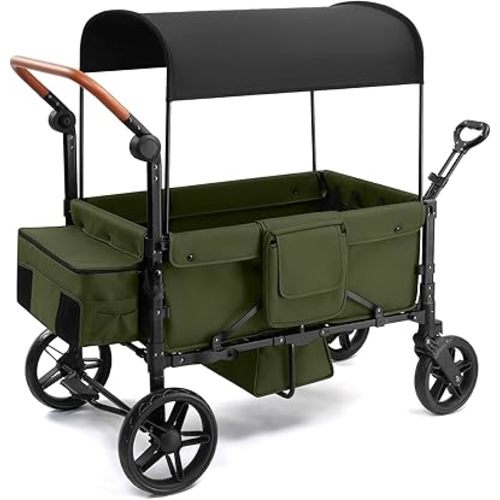 Stroller Wagon for 4 Kids, Foldable Wagon with Footwell, Lightweight, Adjustable Push and Pull Handles, 5-Point Harness, Adjustable Canopy for Outdoor Adventures (Green)
