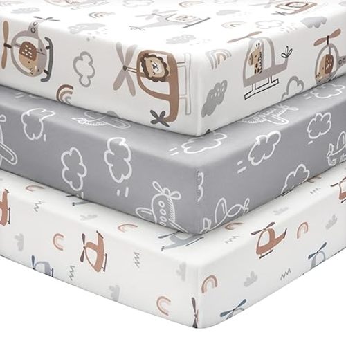 Baby Crib Sheets for Boys and Girls, 3 Pack Toddler Bed Sheets for 52”x28” Standard Toddler Mattresses, Soft Microfiber Fitted Crib Sheets Neutral Grey Helicopter