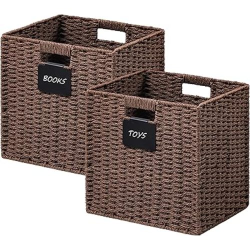 UBBCARE 2 Pack Wicker Basket, 13×13 Storage Cubes with Label, Foldable Cube Storage Bin with Handle, Square Storage Basket for Shelves, Woven Paper Rope Basket for Organizing, Brown
