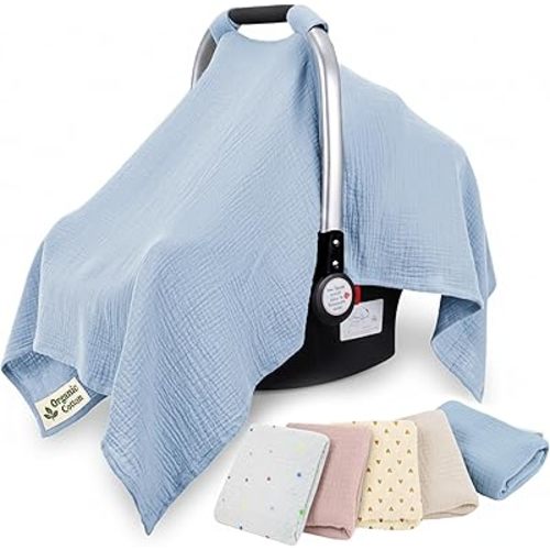 100% Organic Muslin Cotton Car Seat Cover 35 x 50 Inches Soft Touch Breathable Canopy, Protective Car Seat Cover Baby All Seasons Lightweight Car Seat Cover Travel Comfort (Blue)