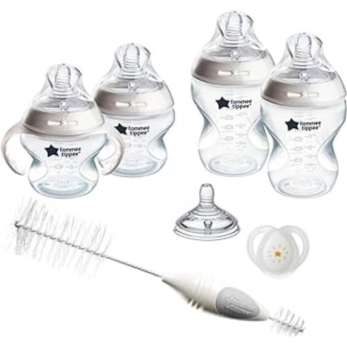Tommee Tippee Natural Start Baby’s First BPA Free Bottle 8 Piece Set, 2 x 5oz and 2 x 9oz Anti-Colic Bottles, Slow and Medium Flow Nipples, 0-6 Month Pacifier, Clear