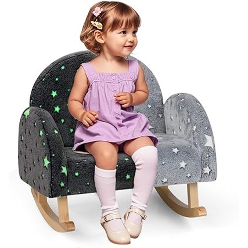 INFANS Kids Sofa with Glow in The Dark, Toddler Rocking Chair with Solid Wooden Frame Anti-Tipping, Upholstered Comfy Foam Children Chair for Kindergarten Playroom Preschool, Gift for Boys Girls