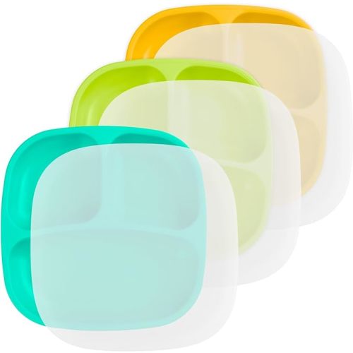 Re-Play Toddler Plates with Dividers - Deep-Walled 3 Compartments Divided Plates for Kids with 3 Lids - Dishwasher & Microwave Safe - Made in USA - Set of 3-7.37" x 7.37" x 1.25" - Aqua Asst