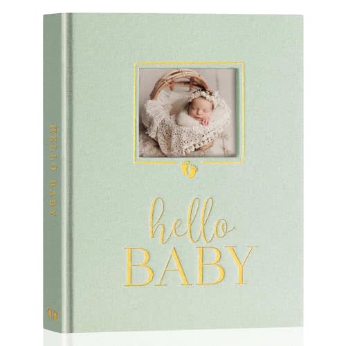 Lanpn Baby Memory Book Journal, Newborn First 5 Year Keepsake with DIY Window, Linen Baby Photo Book Memories Keepsake Scrapbook, Baby Milestone Album for Boy Girl New Parents (Sage Green, 154 Pages)