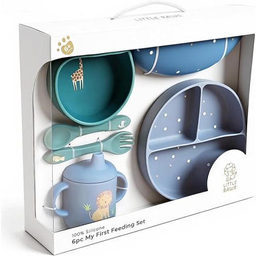 Little Rawr Baby Led Weaning Bundle, 100% Silicone Baby Feeding Set Includes Divided Plate, Suction Bowl, Straw Cup, Bib, Spoon & Fork, Develops Self Feeding Skills, Dishwasher Safe (Blue)
