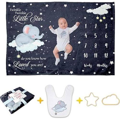 Pavo Baby Monthly Milestone Blanket for Boy Girl - Sleeping Elephant Twinkle Little Star - Elephant Baby Stuff - Premium Shower Gifts for Newborn Essential - 60"x40"