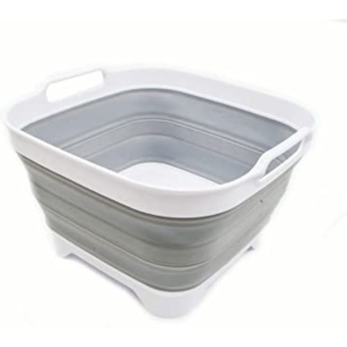 SAMMART 10L (2.64 Gallon) Collapsible Dishpan with Draining Plug - Foldable Washing Basin - Portable Dish Washing Tub - Space Saving Kitchen Storage Tray (1, White/Grey)