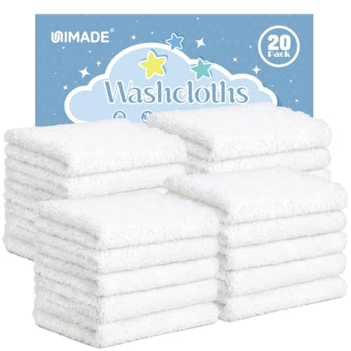UNIMADE Baby Washcloths, 20 Pack Microfiber Coral Fleece Wash Cloths, Extra Absorbent Baby Towels for Newborns, Infants and Toddlers, Gentle on Sensitive Skin for Face and Body - 7" × 9", White