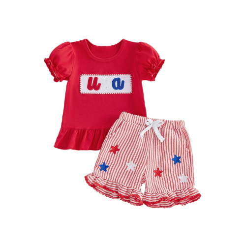 Loicainy Baby Toddler Girl 4th of July Outfits 6 12 18 24 Months 2T 3T 4T Short Sleeve Letter Embroidery Ruffle Tops and Shorts Set Summer Clothes