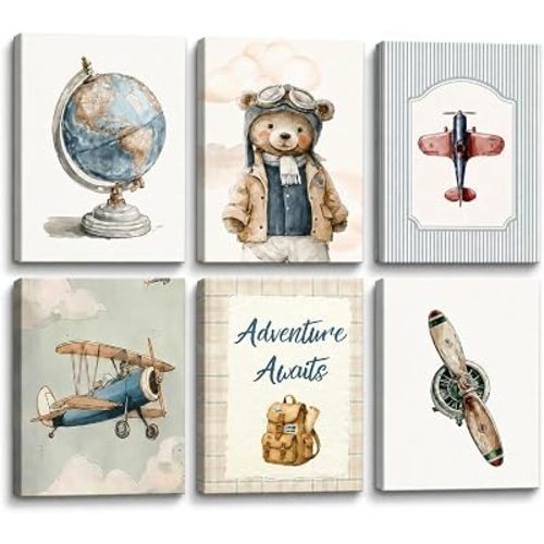 6Pcs Vintage Baby Boy Nursery Canvas Wall Art Blue Teddy Bear Airplane Travel Pictures Wall Decor Nursery Aviation Poster Prints for Bedroom Playroom Kids Room Home Decoration 8"x10"