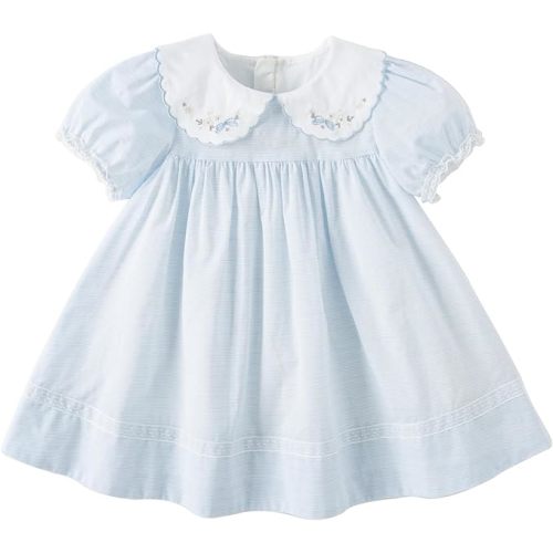 DAVE&BELLA Toddler Baby Girls Summer Dress, Short Puff Sleeve Cotton Sundress Blue Striped Floral Embroidery Prince Dresses