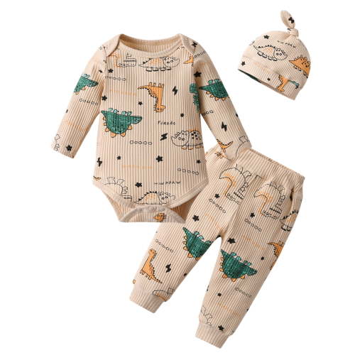 Infant Baby Boy Clothes Animal Style Long Sleeve Romper + Pants + Hat 3PCS Outfits Set White 3-6 Months