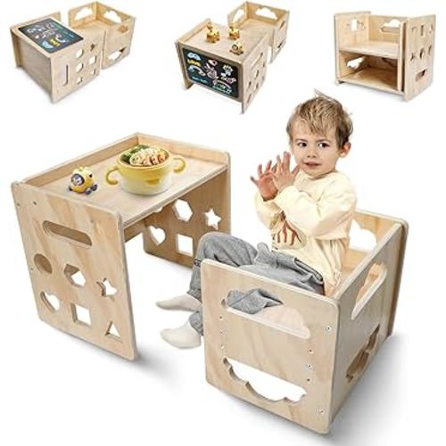 Satisure Montessori Weaning Table and Chair Set, Wooden Toddler Table and Chair Set, 1-3 Age Kids Table and Chairs with Blackboard & 3 Heights Adjustable for Eating & Drawing & Reading